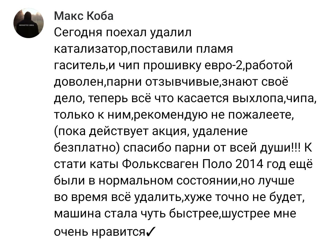 Положительный отзыв на услугу удаление катализатора в Тольятти
